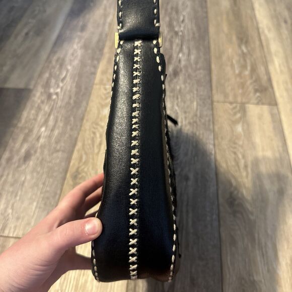 Antonio Melani Black Saffiano Leather Applique Rustic Shoulder Bag Calf Hair
